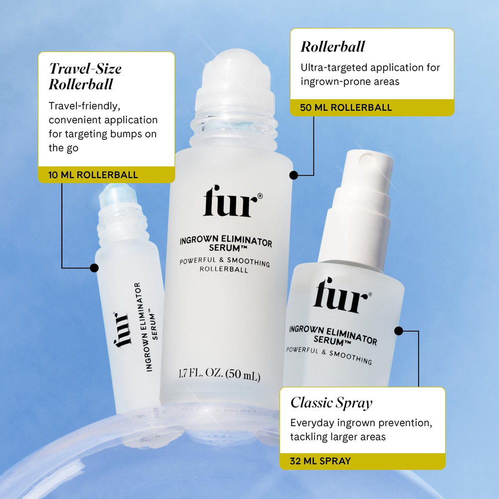 Fur rollerball on bathroom counter among toiletries showing everyday skincare use