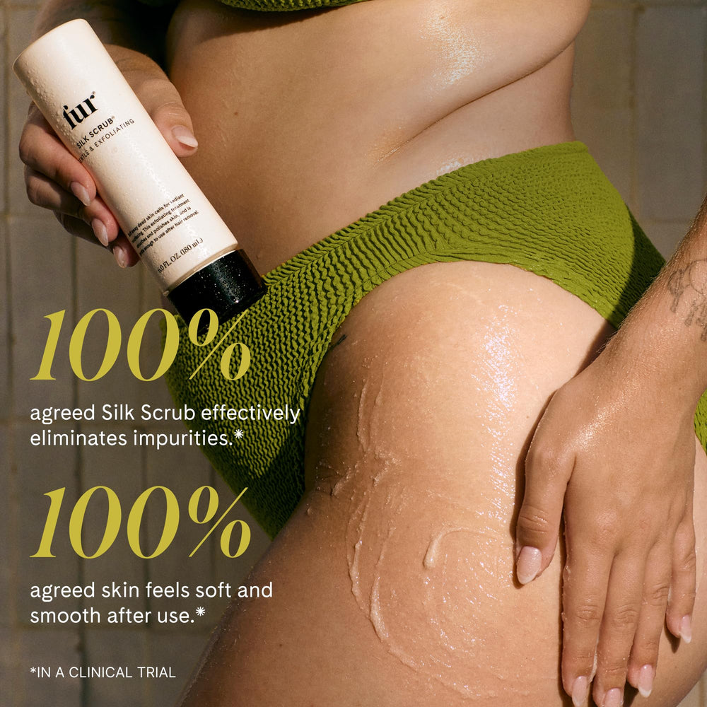Fur Silk Scrub pump and cap detail highlighting easy dispensing and controlled use benefit