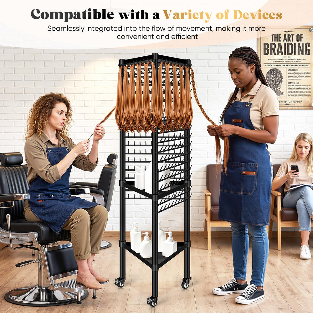 GADFISH rack in a salon setting with hanging extensions illustrating professional display benefit
