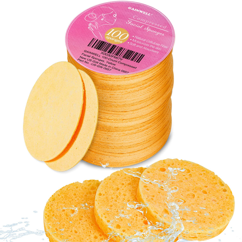 GAINWELL front pack of compressed facial sponges showing compact eco-friendly packaging and convenience