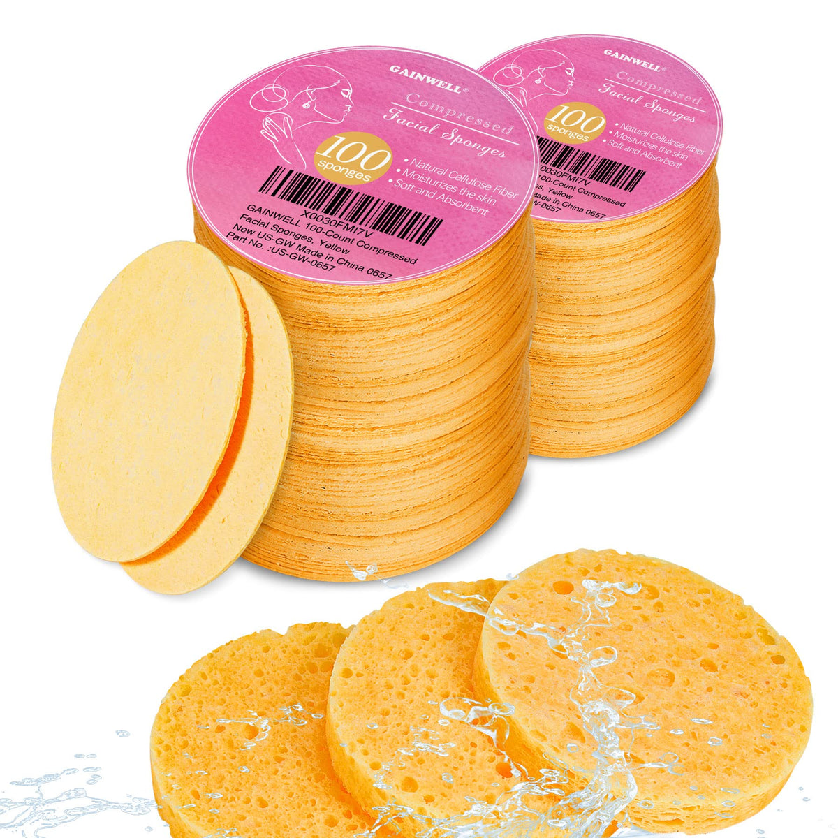 GAINWELL front packaging showing 200 yellow compressed facial sponges and benefits