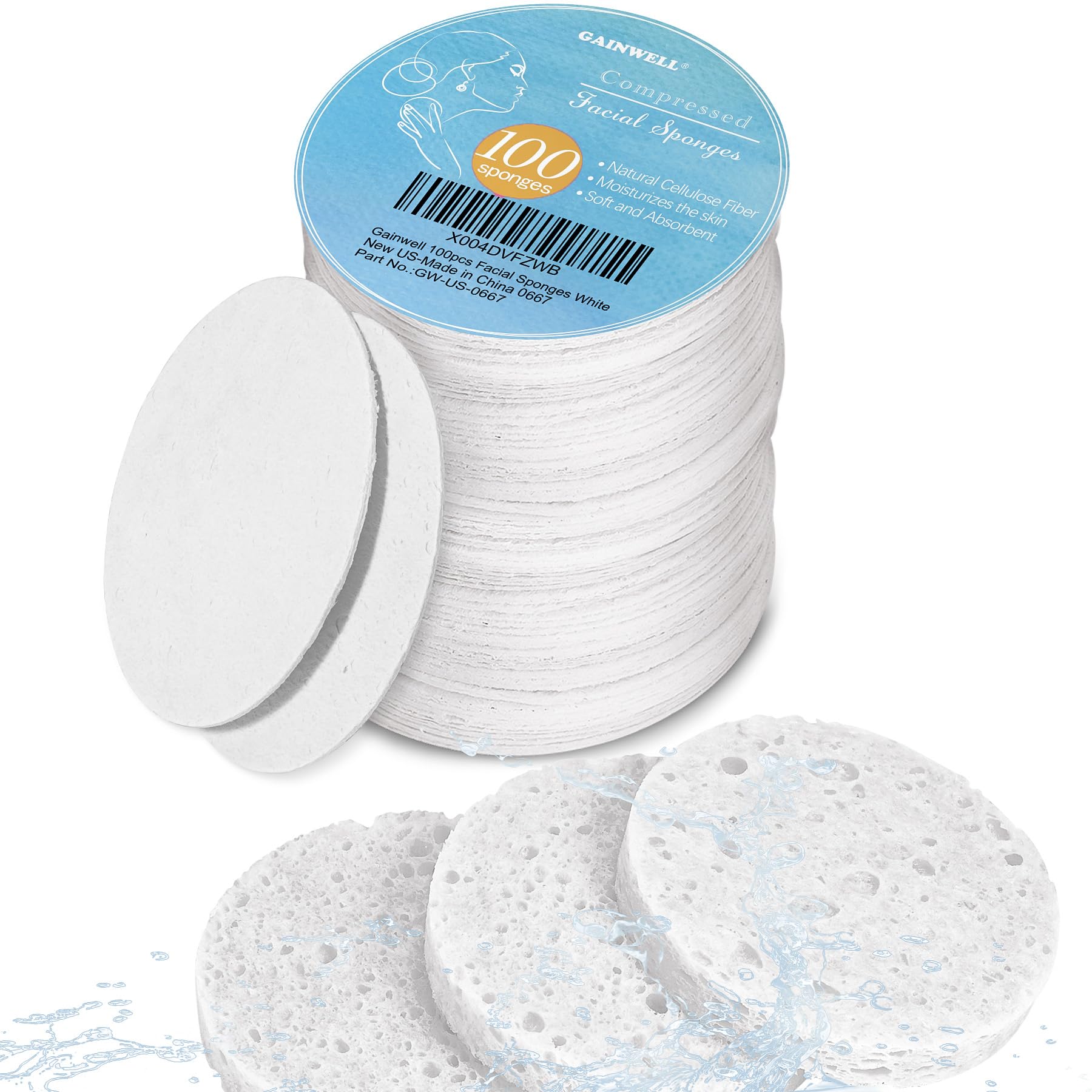 GAINWELL front packaging showing 100 compressed facial sponges and benefits