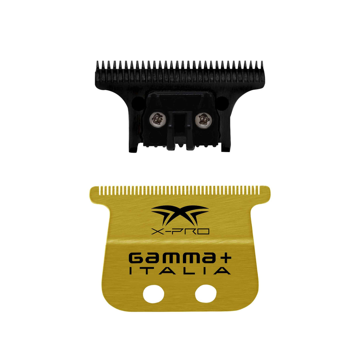 GAMMA+ front view of blade set packaging showing contents and fit benefits