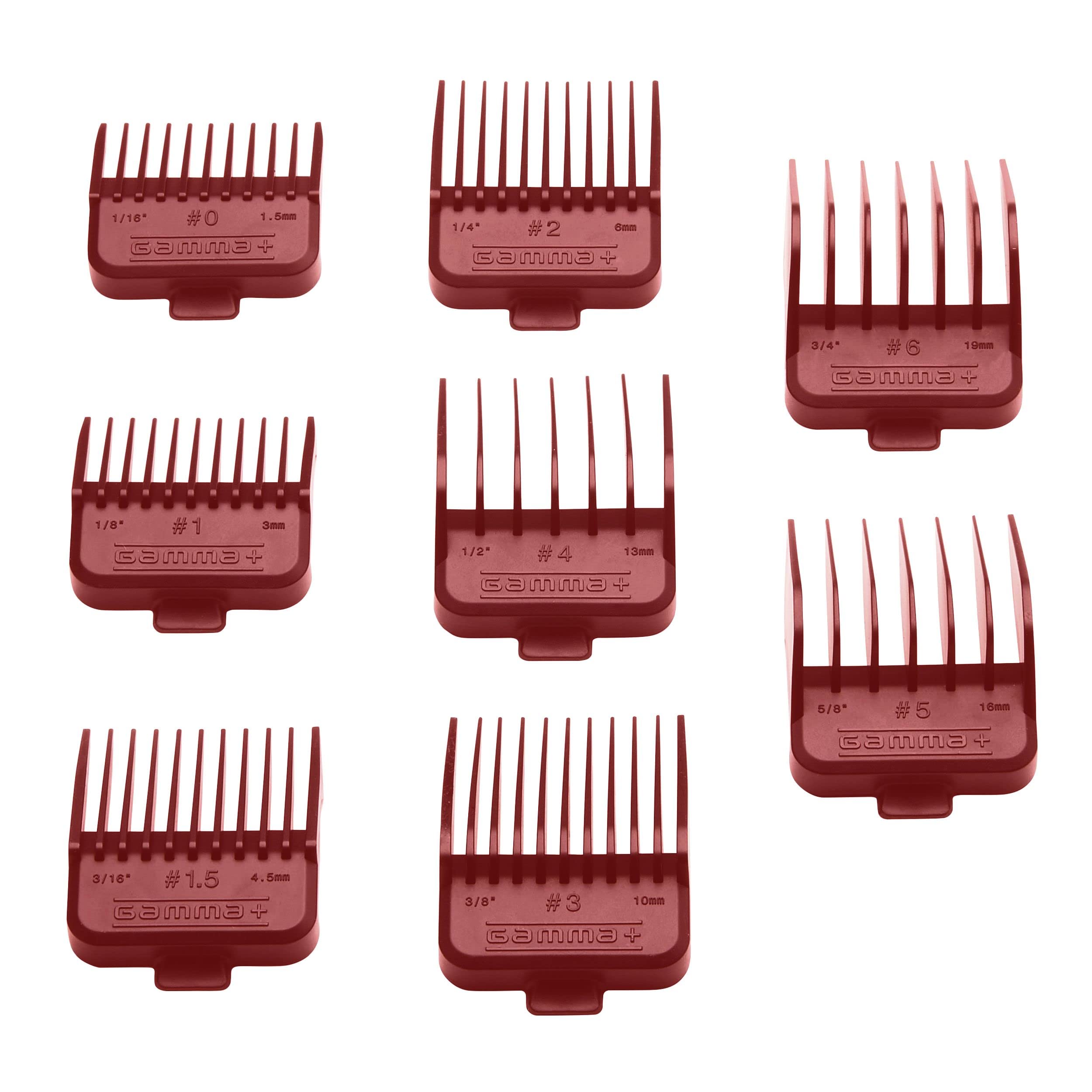 GAMMA+ front packaging view showing full red 8-piece guard set and benefits