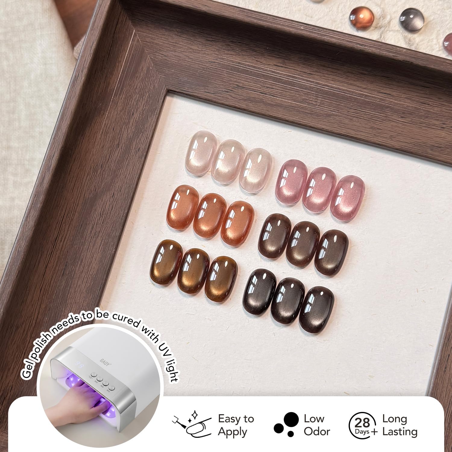 GAOY manicure on hands in autumn outfit highlighting wearable warm brown shine