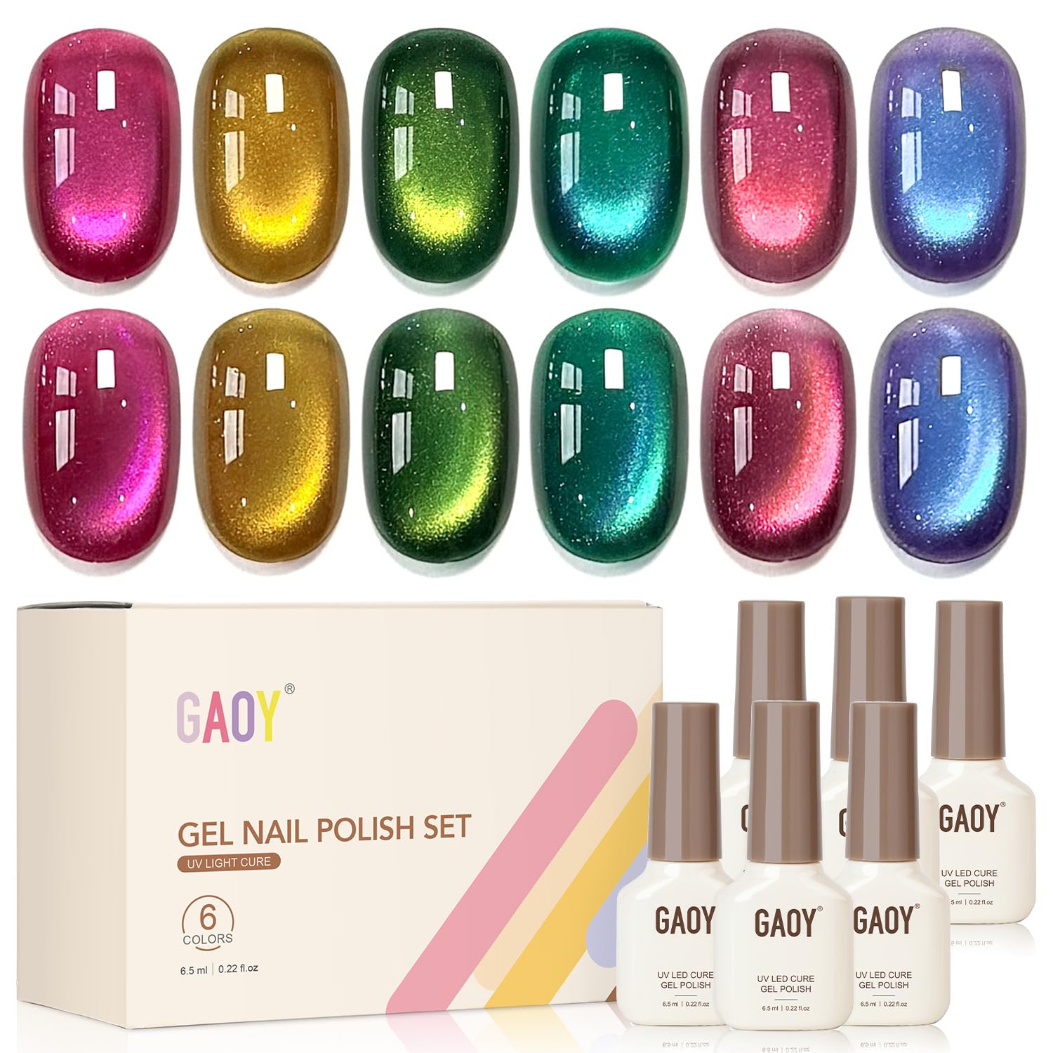 GAOY front packaging showing six prism gem gel bottles and benefits