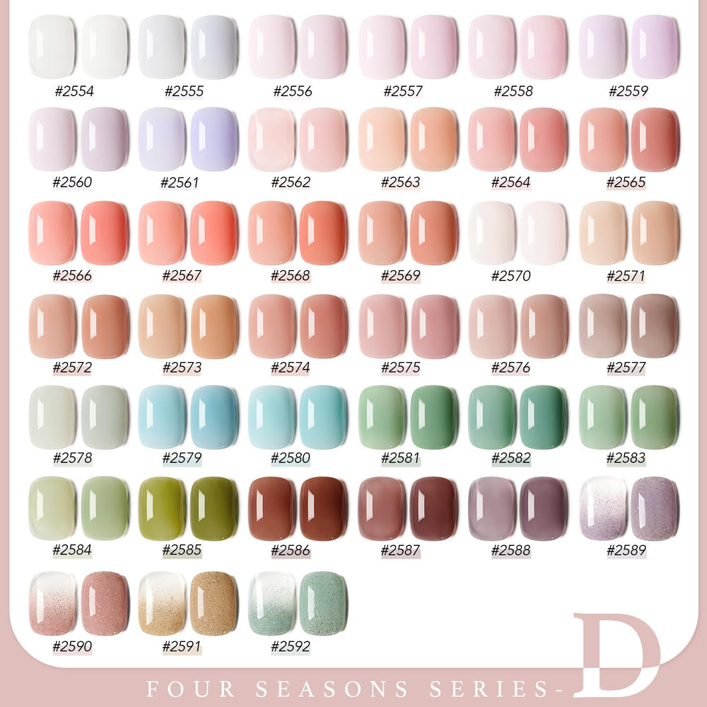 GAOY color range flat lay of 39 spring summer shades, easy shade selection benefit