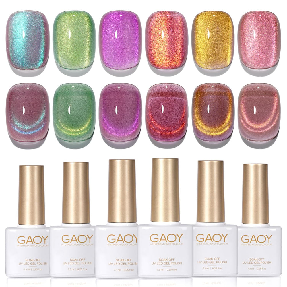 GAOY front packaging showing six holographic gel bottles and magnet for easy salon results