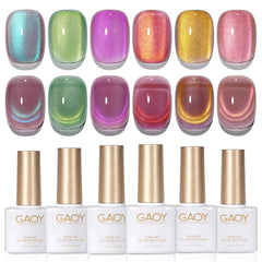 GAOY front packaging showing six holographic gel bottles and magnet for easy salon results