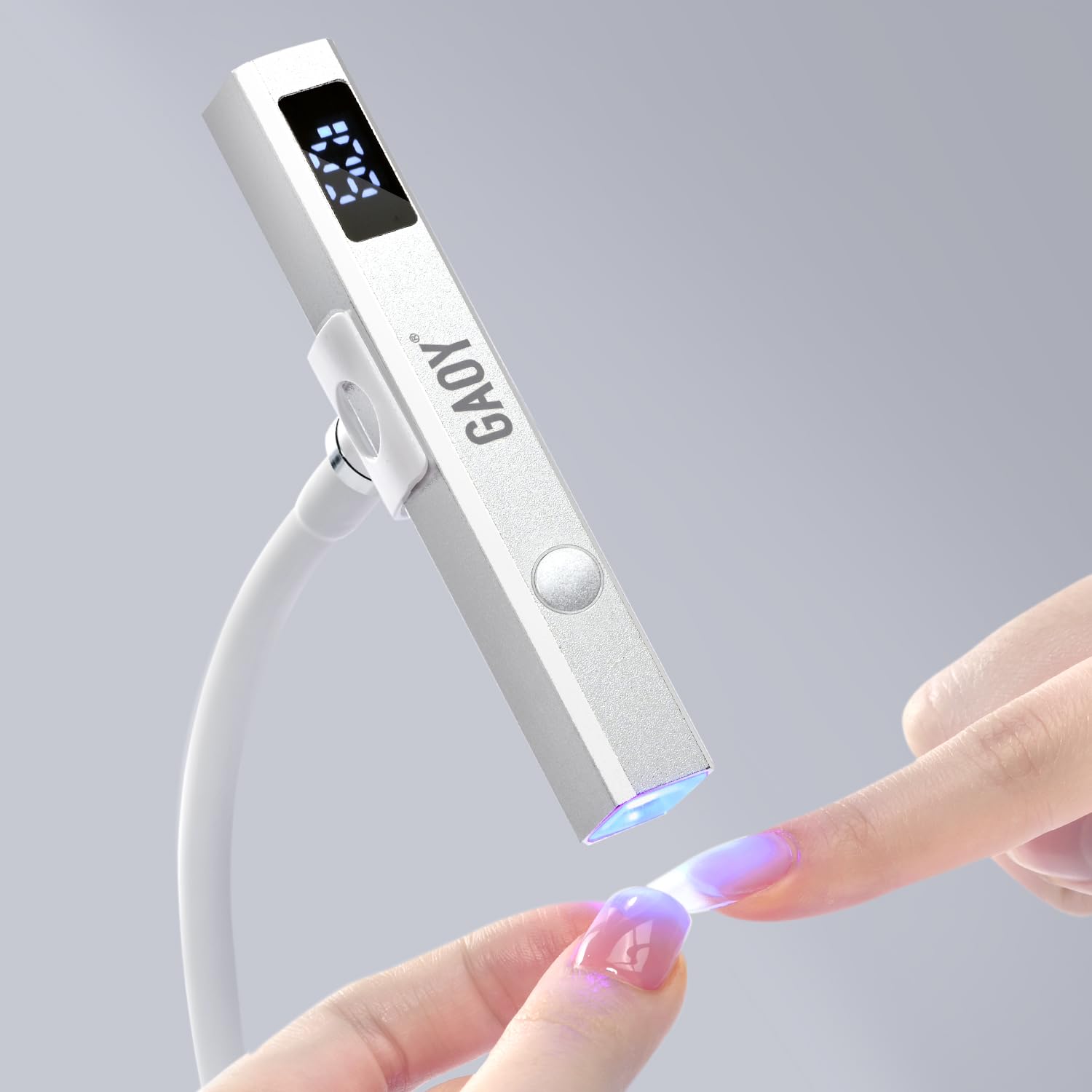 GAOY handheld lamp front view showing sleek silver finish and compact benefit