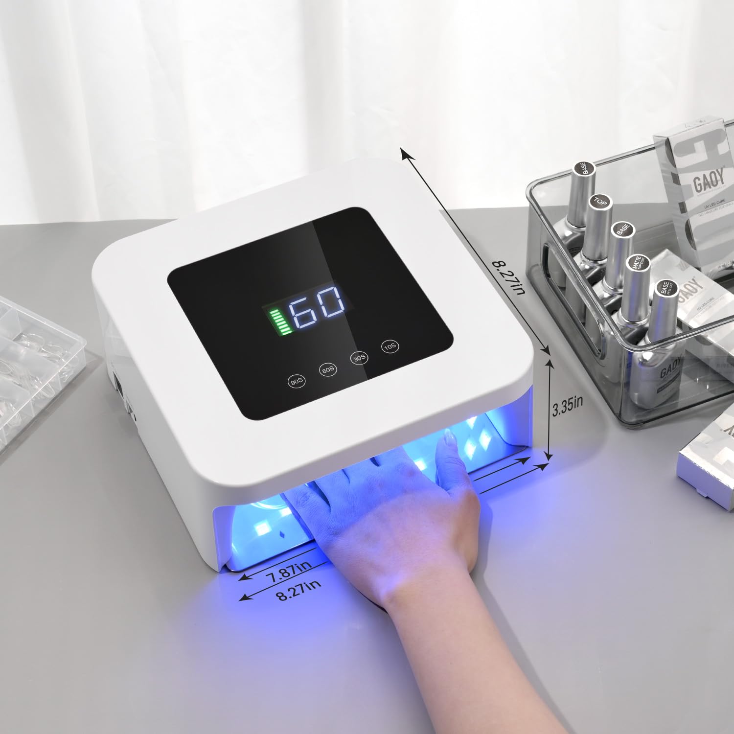 GAOY on vanity in lifestyle shot showing cordless convenience and salon-style setup