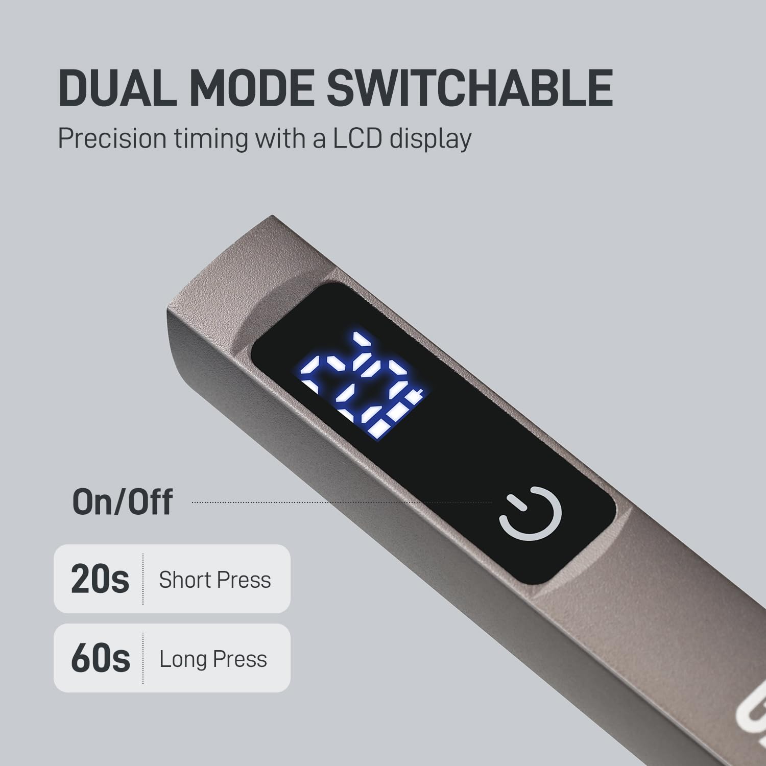GAOY lamp LCD display close-up showing timer and battery information benefit