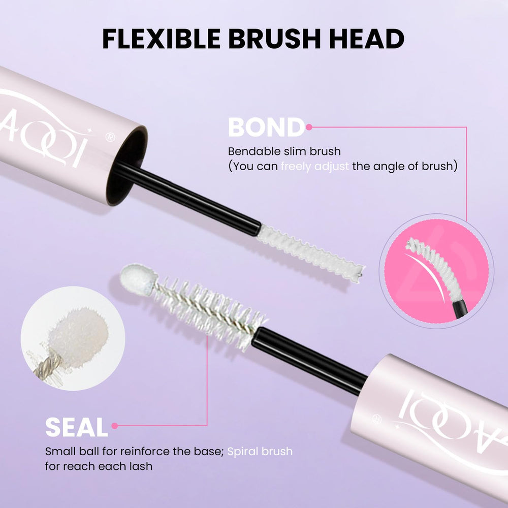 GAQQI adhesive applied to cluster lashes on model illustrating natural finish and hold