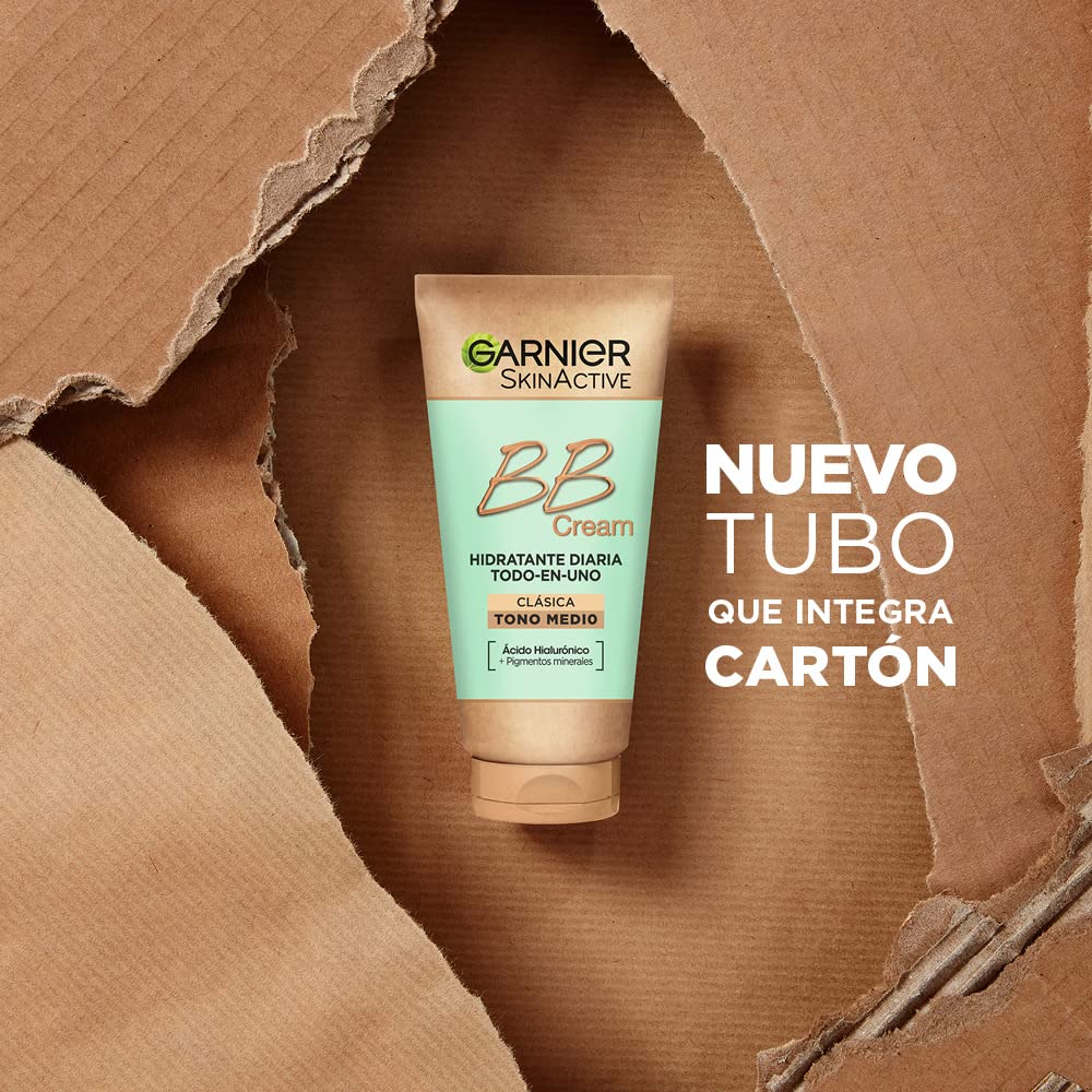 Before and after face image using Garnier, showing evened skin tone benefit