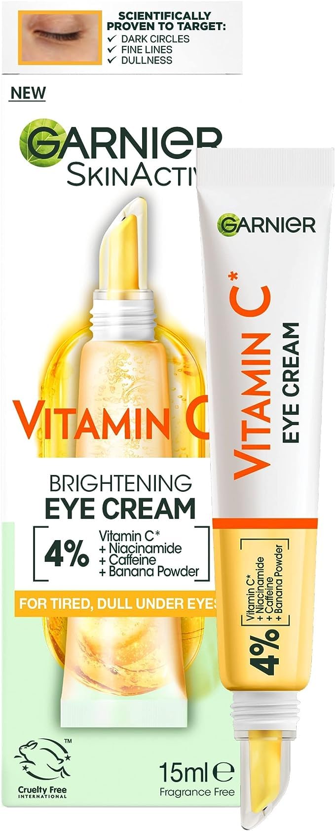 Garnier eye cream front view showing tube and label, promotes brighter eyes