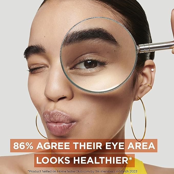 Garnier eye cream in hand ready for application, demonstrates easy controlled dosing