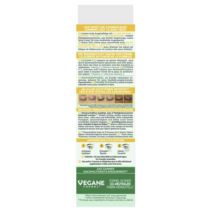 Flatlay of Garnier eye cream ingredients, illustrates vitamin C and niacinamide benefits