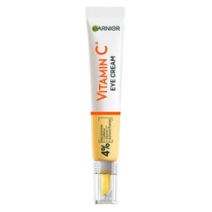Garnier eye cream tube closeup highlighting 4% Vitamin C, conveys ingredient clarity