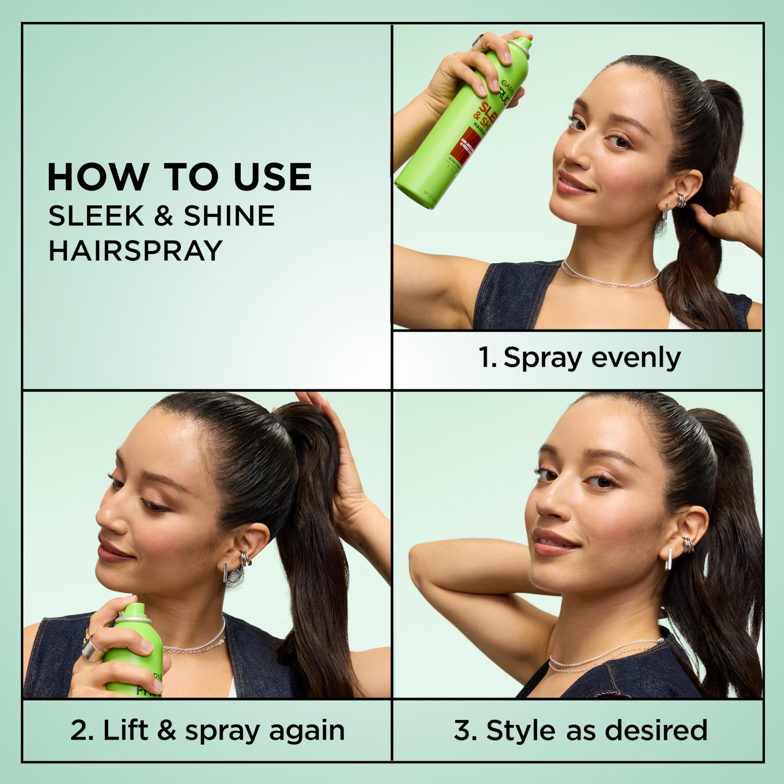 Model using Garnier Fructis to tame flyaways for sleek results