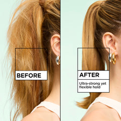 Garnier Fructis spraying onto styled hair for long-lasting hold benefit