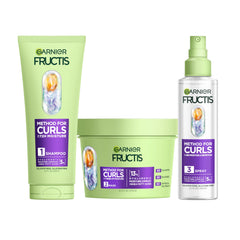 Garnier Fructis kit front packaging showing full curl regimen benefits
