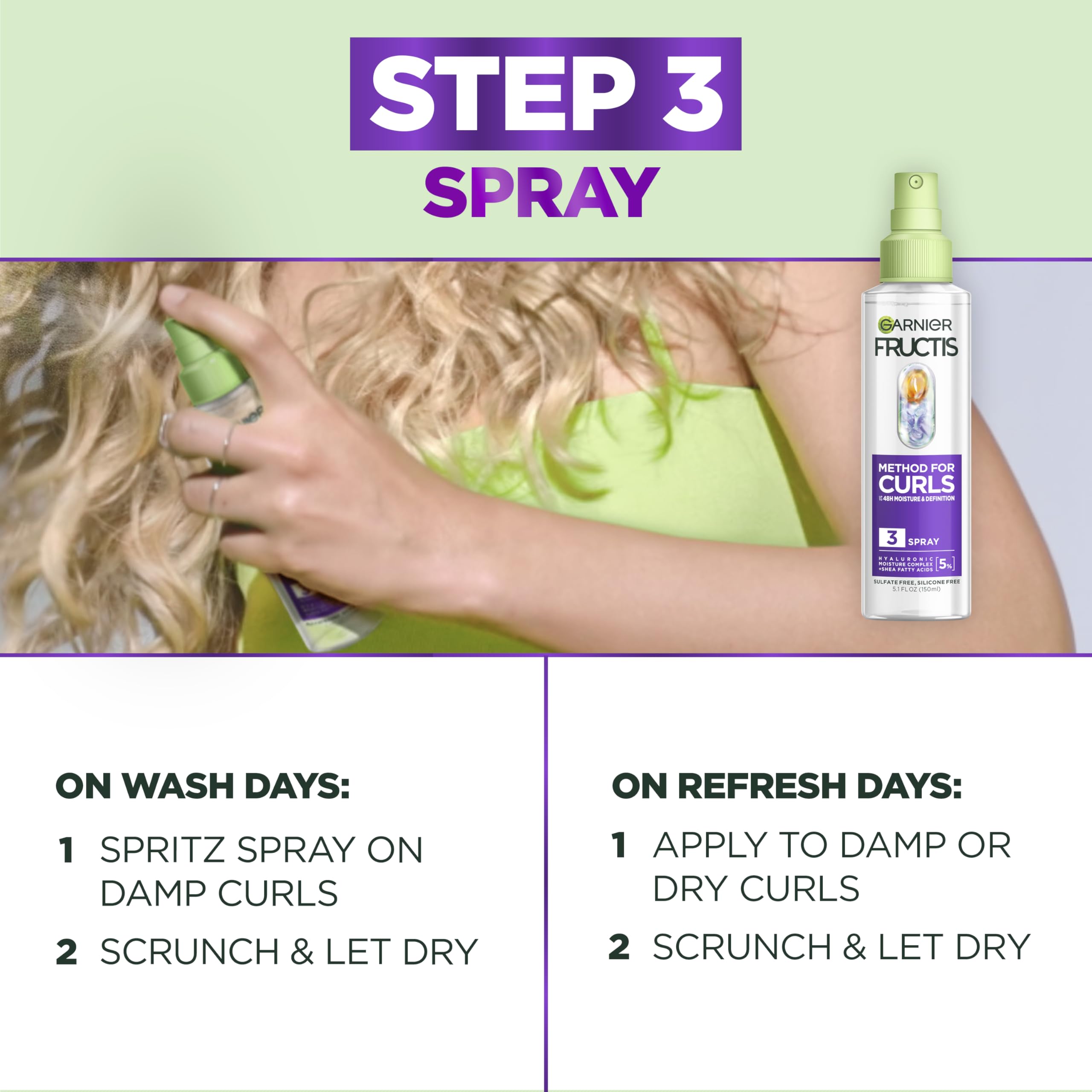 Garnier Fructis applied to damp curls to define waves and reduce frizz
