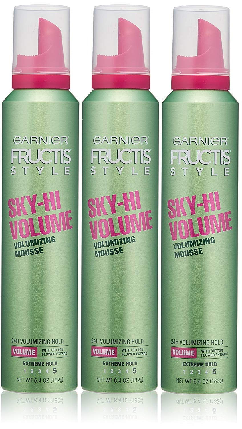 Garnier Fructis front packaging showing three cans and clear volume benefit