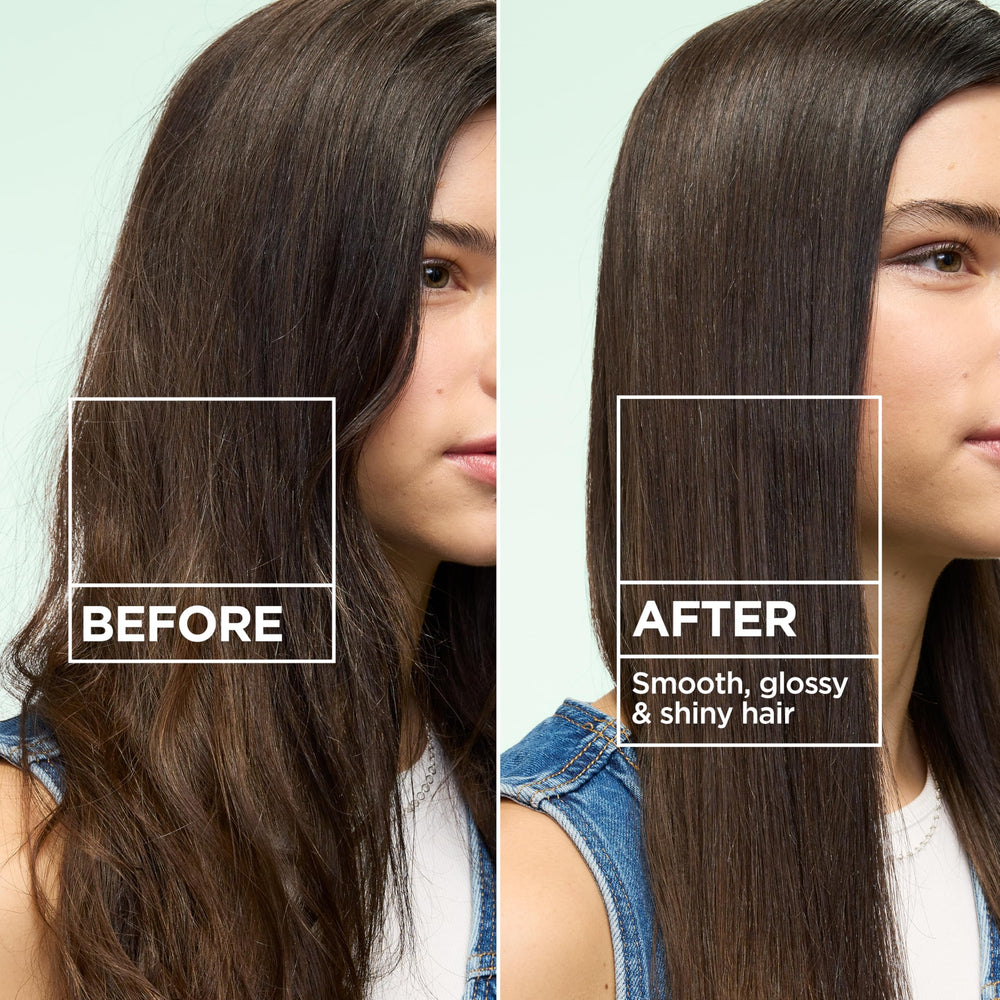 Garnier mist on hair showcasing immediate shine and frizz control benefit