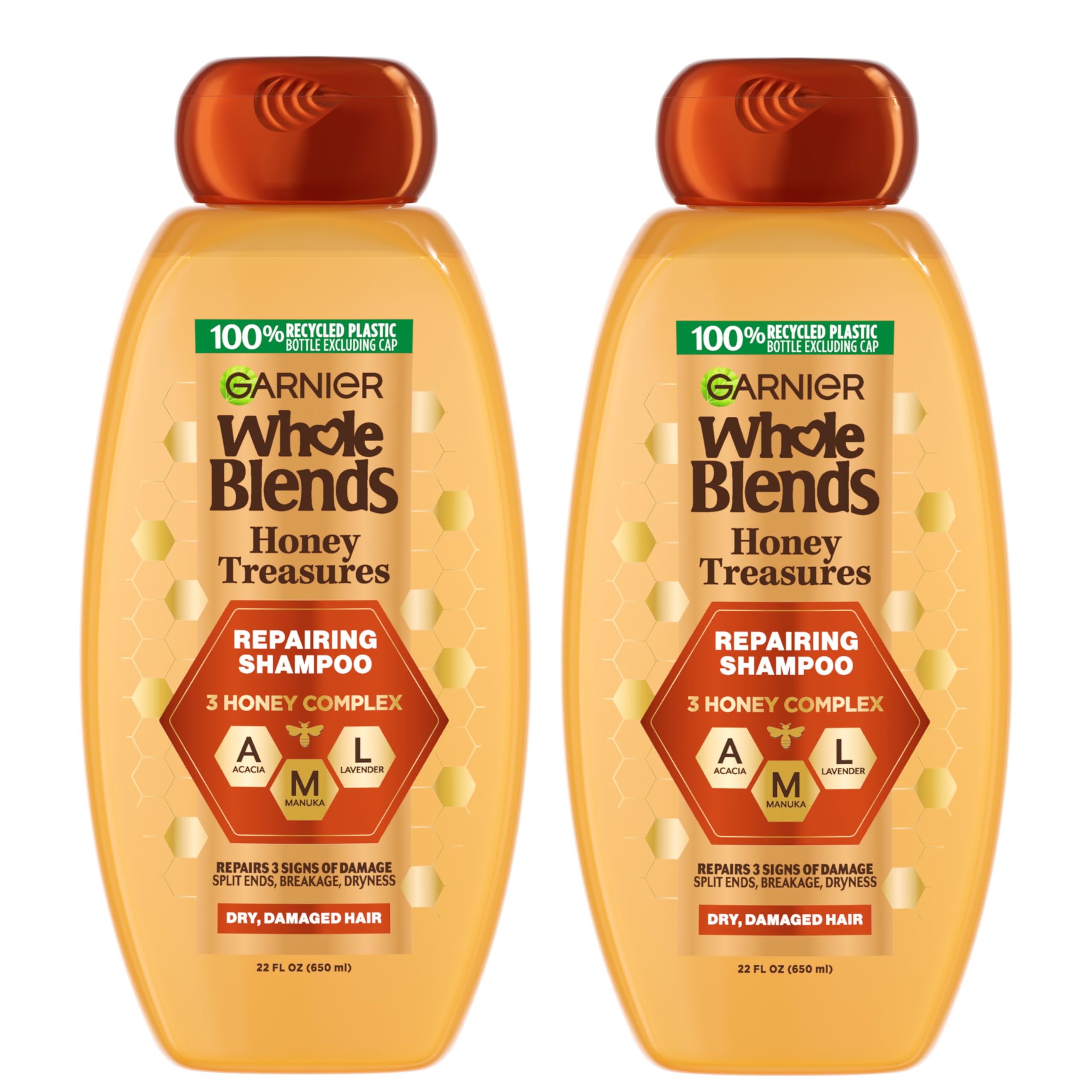 Garnier front bottle showing label and honey-inspired design, conveys nourishing care