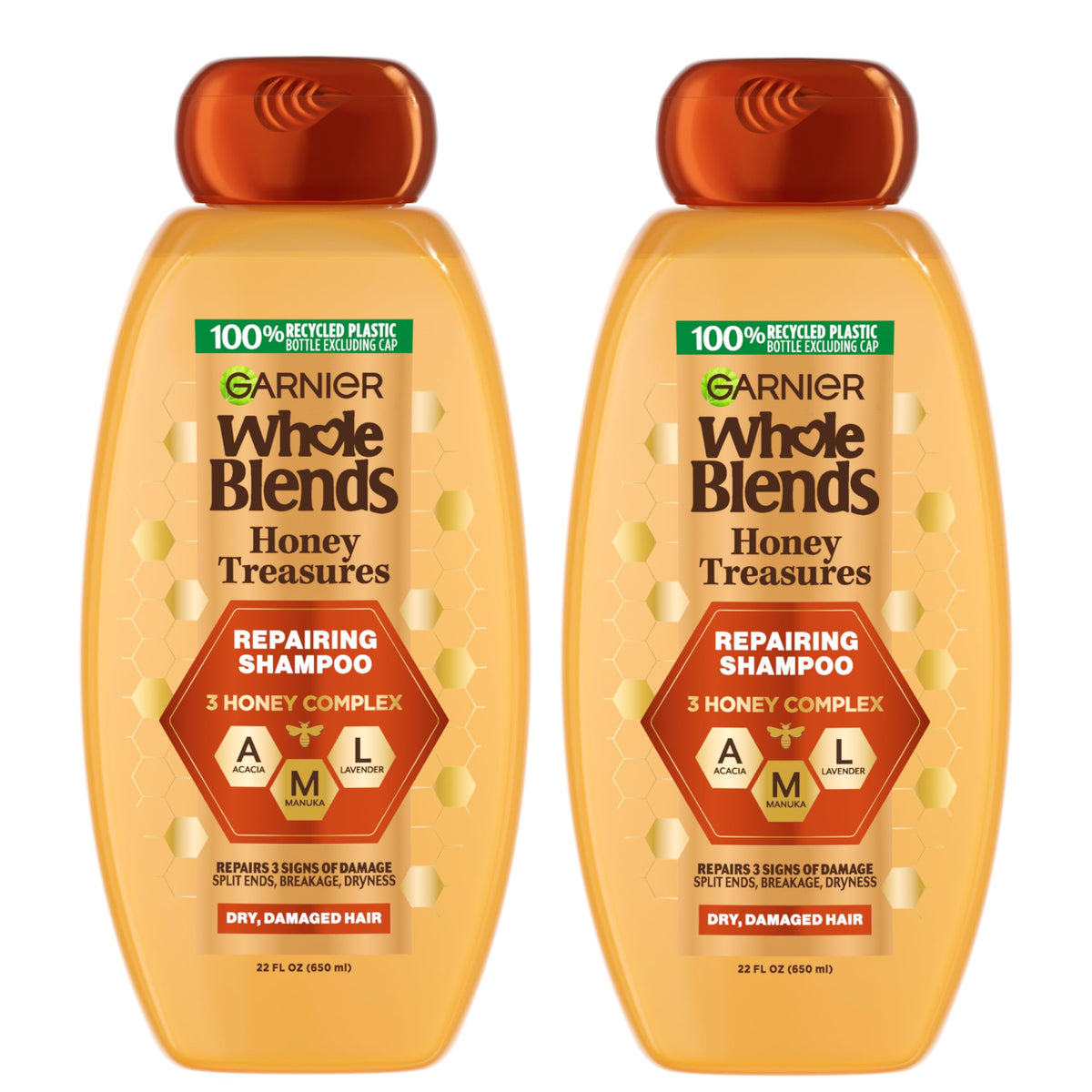Garnier front bottle showing label and honey-inspired design, conveys nourishing care