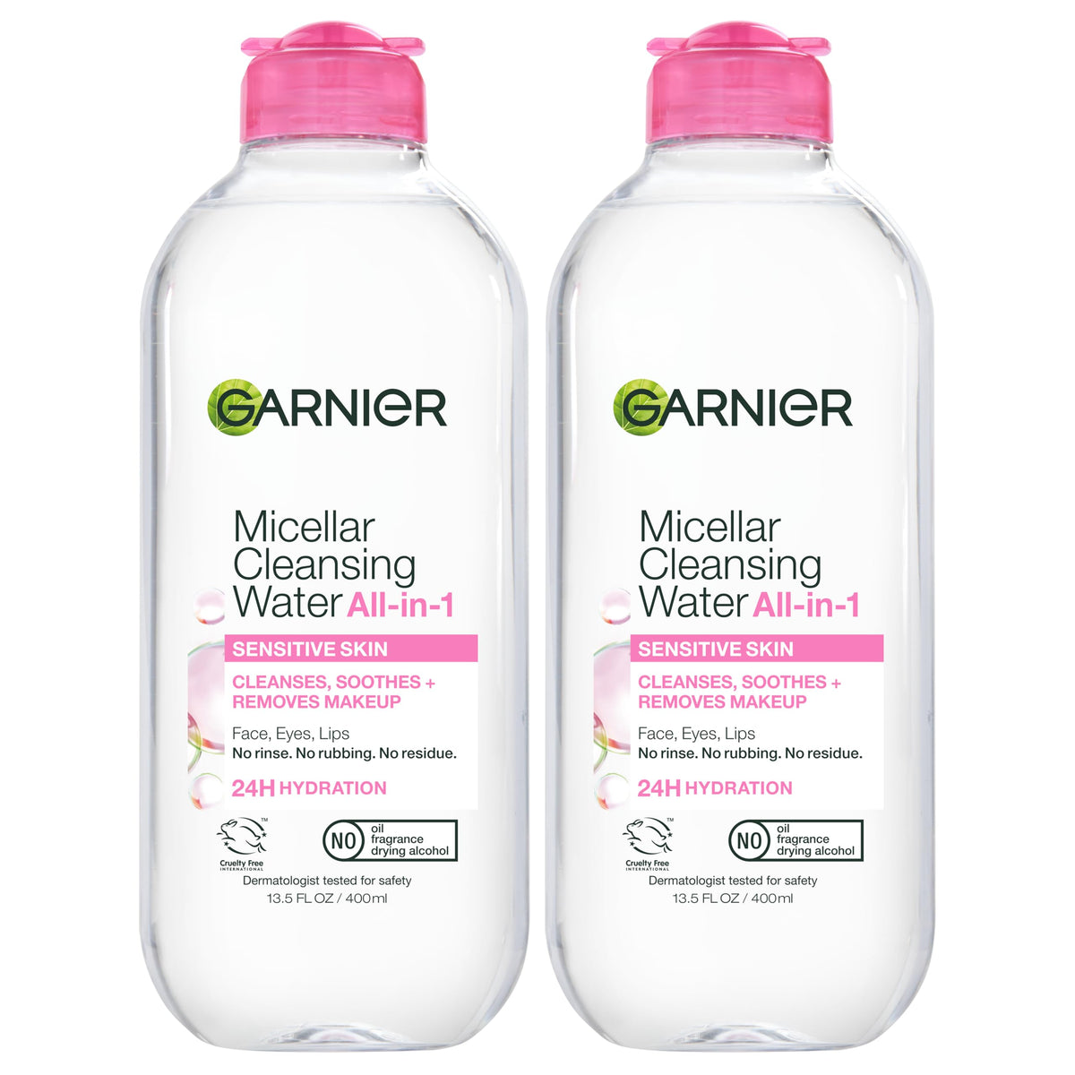 Garnier micellar water front packaging shows label and bottle, offering quick cleansing