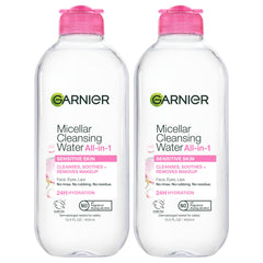 Garnier micellar water front packaging shows label and bottle, offering quick cleansing