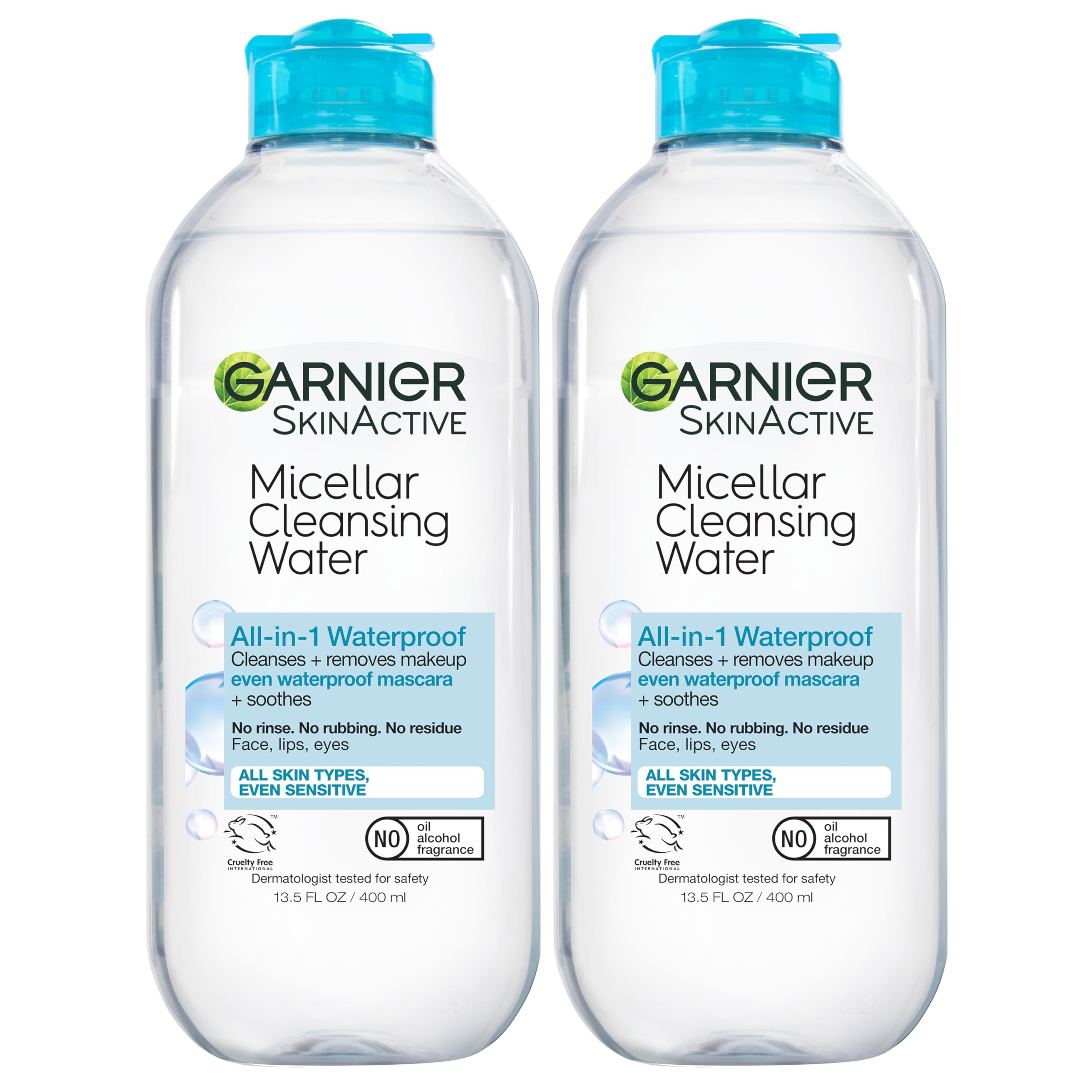 Garnier front packaging shows bottle and clear cleansing water benefit: quick removal