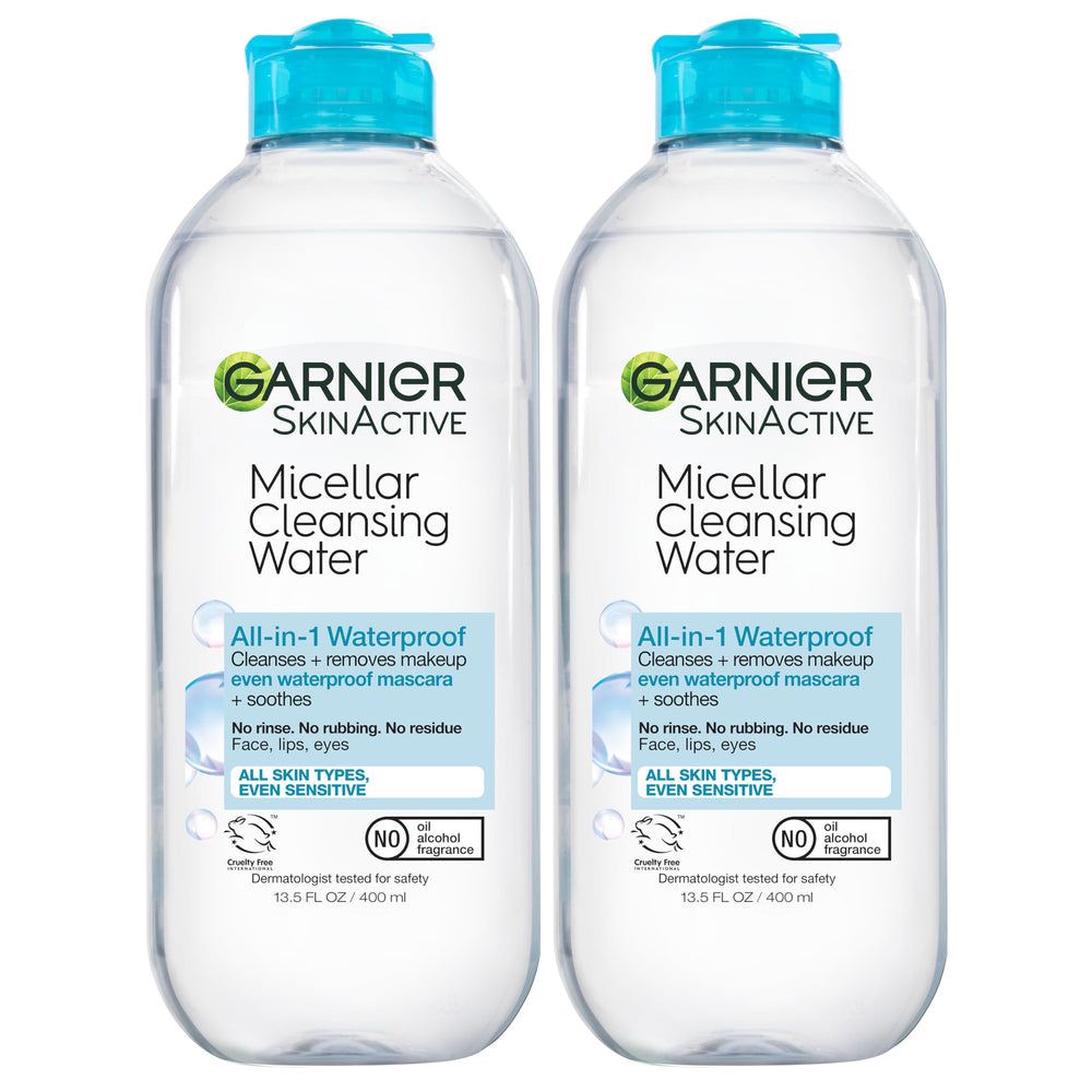 Garnier front packaging shows bottle and clear cleansing water benefit: quick removal