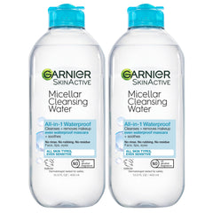 Garnier front packaging shows bottle and clear cleansing water benefit: quick removal