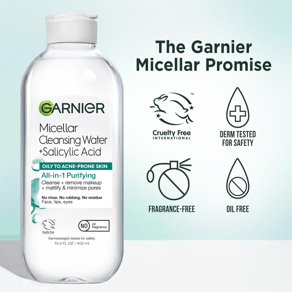 Garnier micellar bottle on bathroom counter representing daily skincare routine
