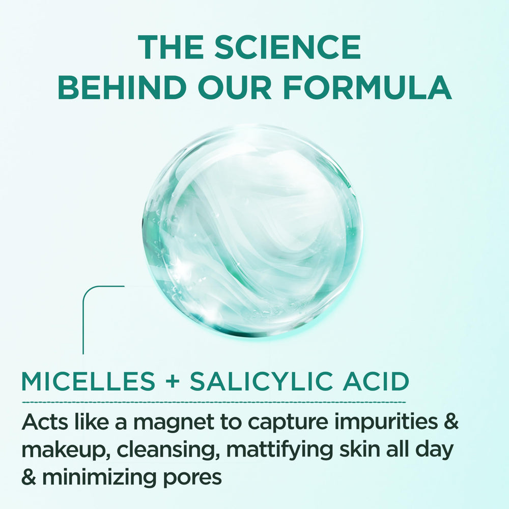 Garnier micellar bottle pouring clear solution highlighting gentle removal action