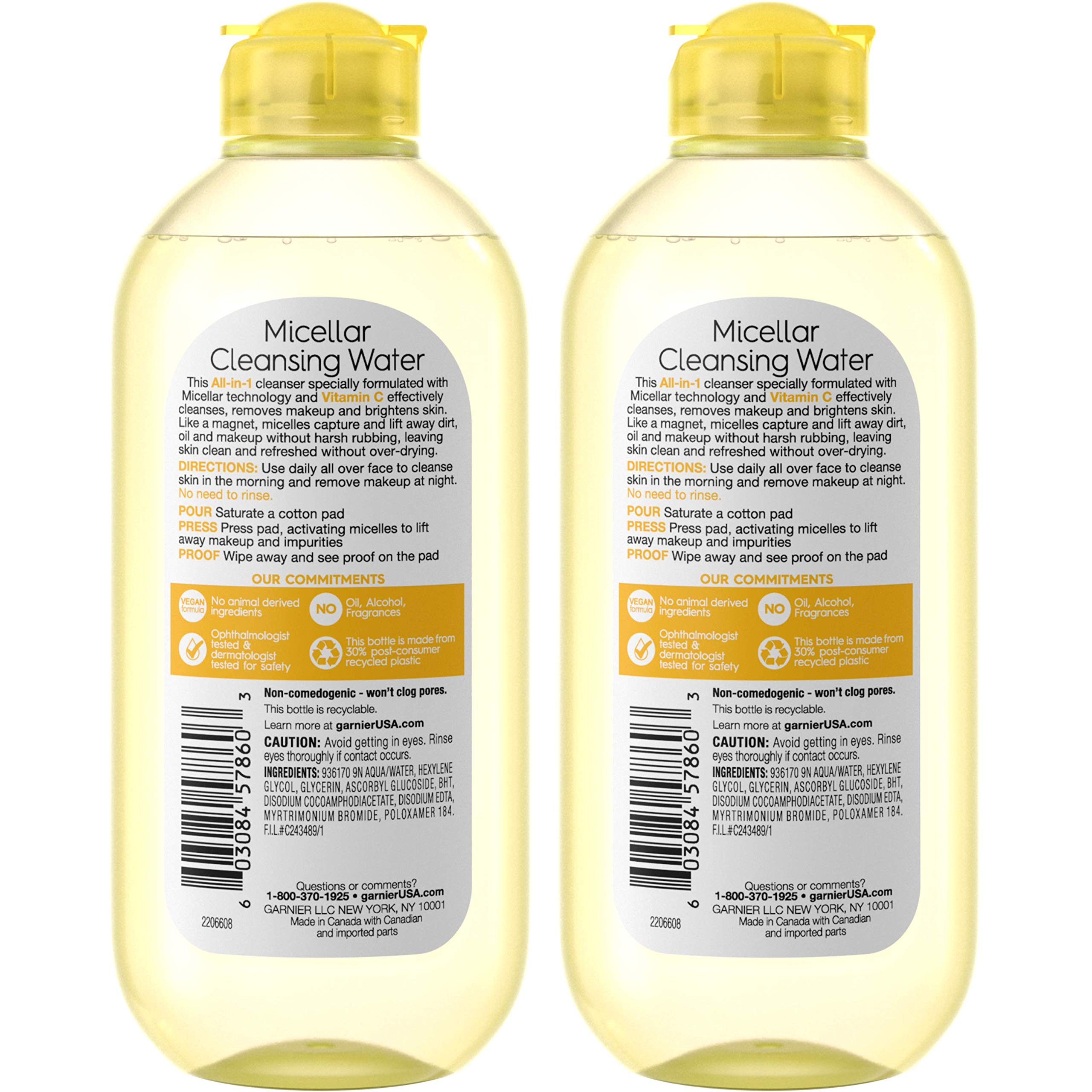 Garnier label close-up highlighting Vitamin C and gentle cleanser benefits