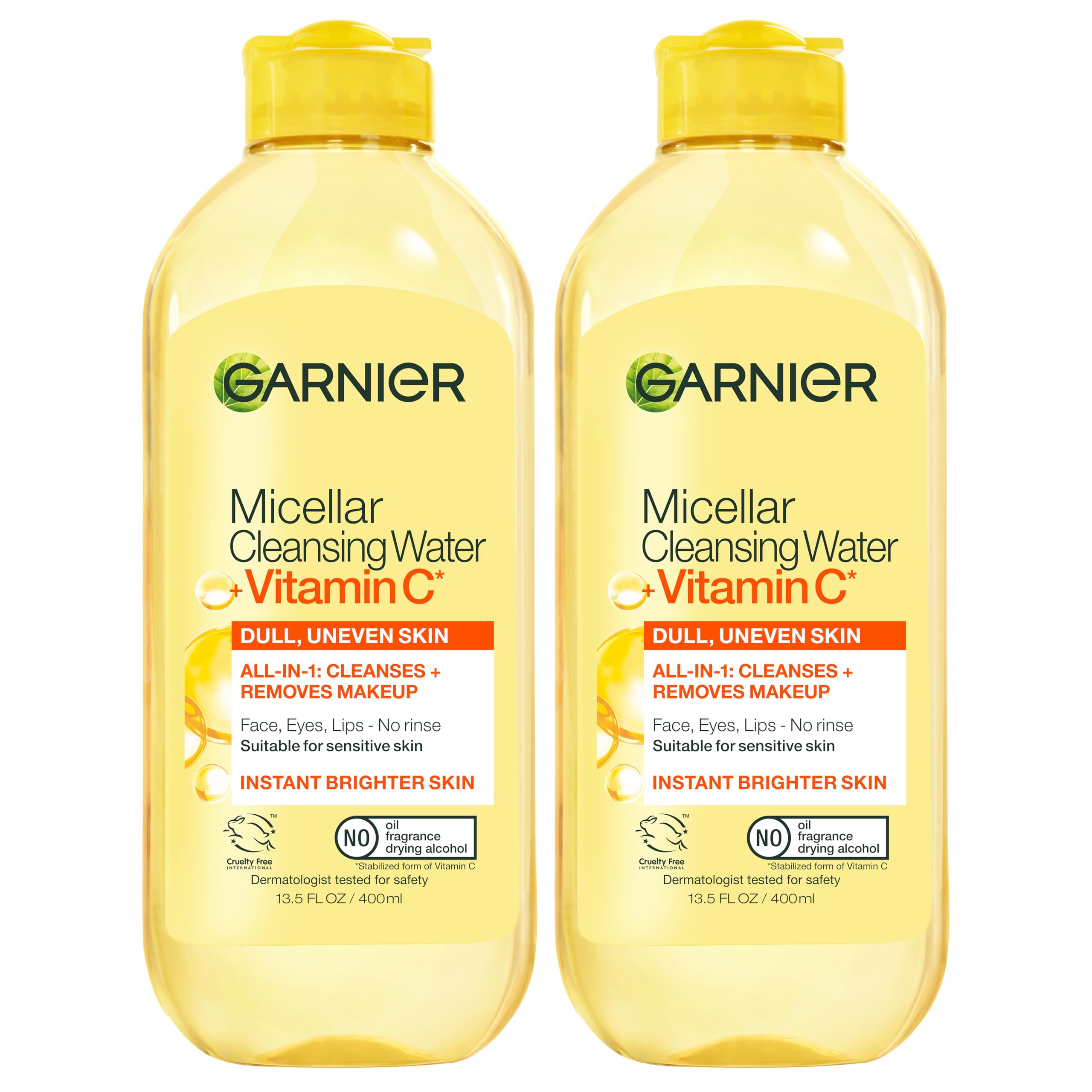 Garnier bottle front packaging showing brightening micellar benefits