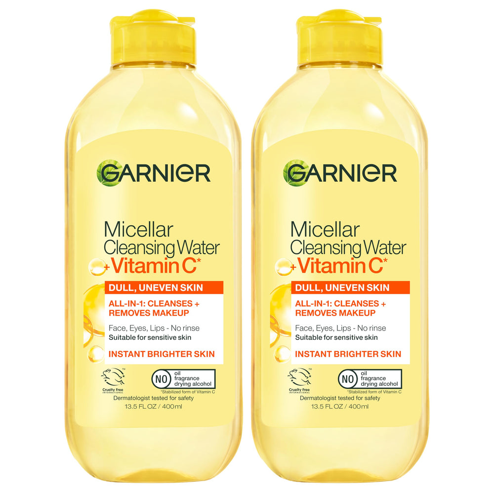 Garnier bottle front packaging showing brightening micellar benefits