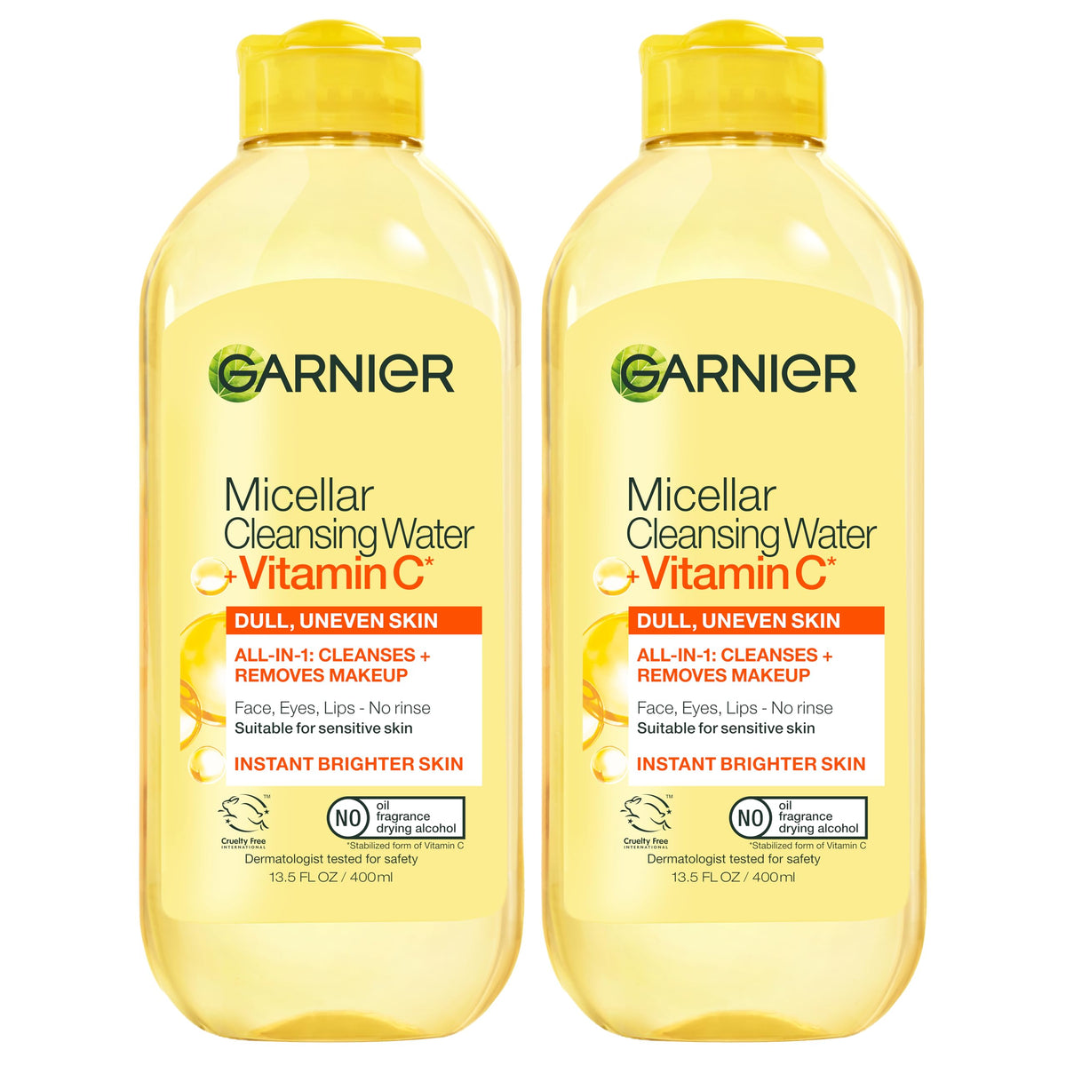 Garnier bottle front packaging showing brightening micellar benefits