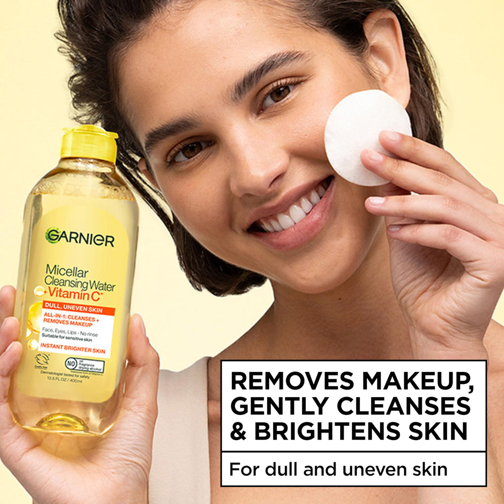 Garnier micellar water pouring onto cotton showing easy removal benefit