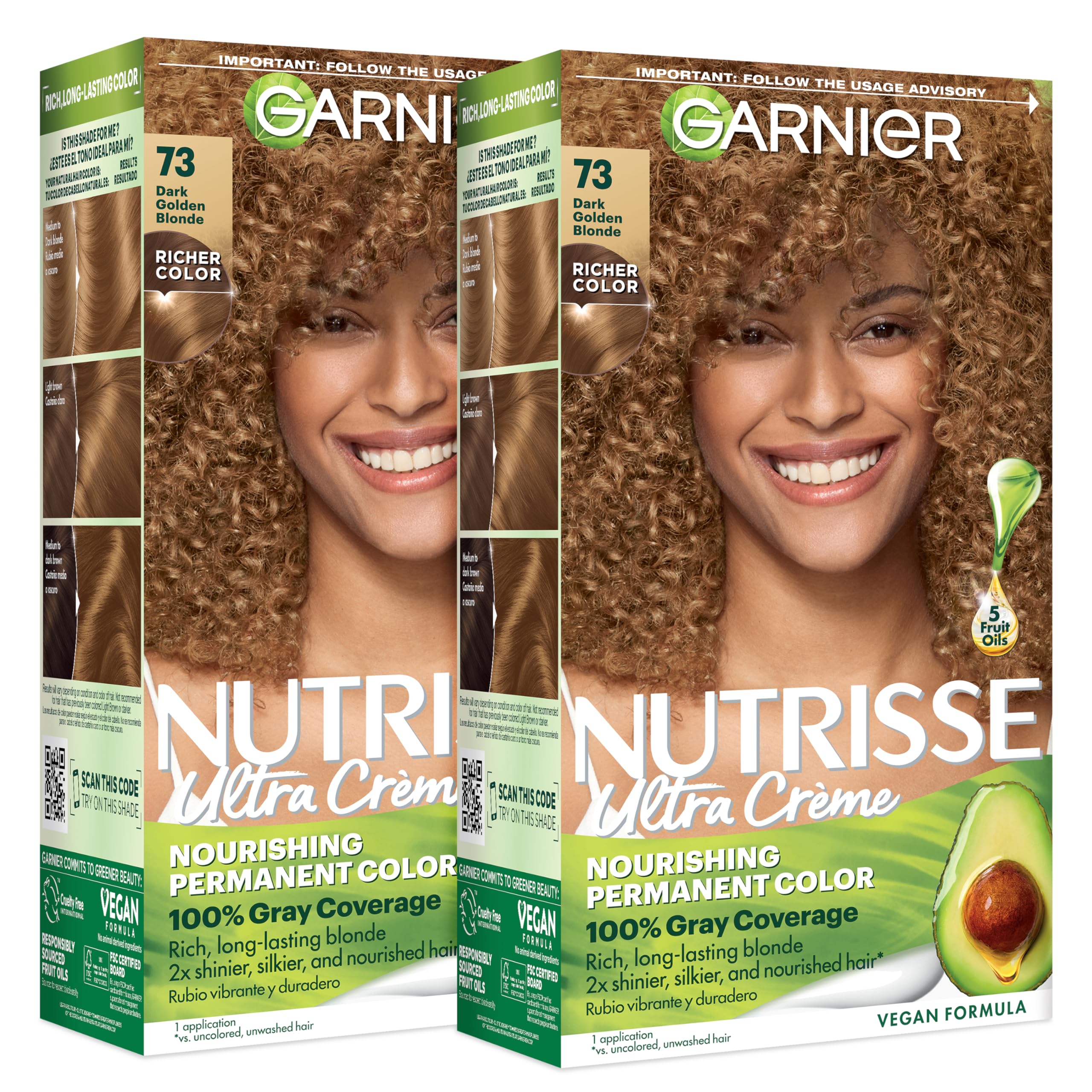 Garnier nutrientse front box showing shade 73 and two-count kit benefit