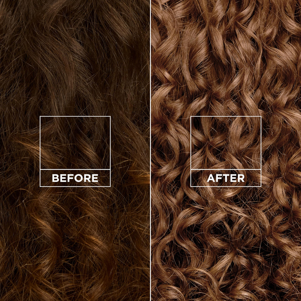 Before and after wavy hair using Garnier Nutrisse showing improved curl definition