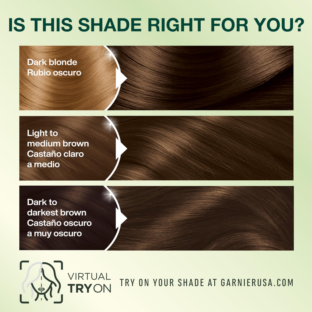 Side-by-side Garnier Nutrisse before and after illustrating fuller brown coverage