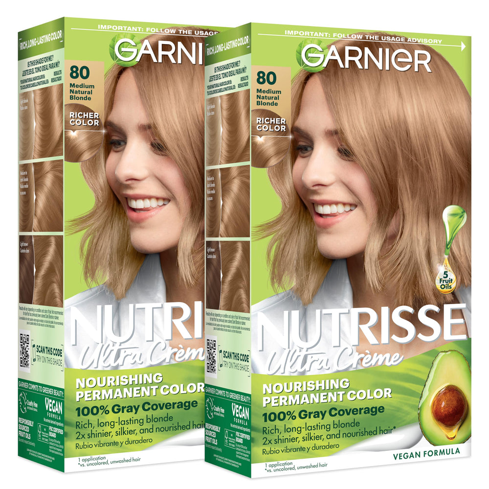 Garnier Nutrisse front box showing shade 80 Medium Natural Blonde and benefits
