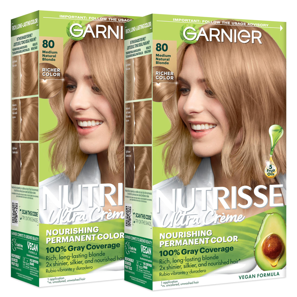 Garnier Nutrisse front box showing shade 80 Medium Natural Blonde and benefits