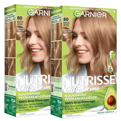 Garnier Nutrisse front box showing shade 80 Medium Natural Blonde and benefits