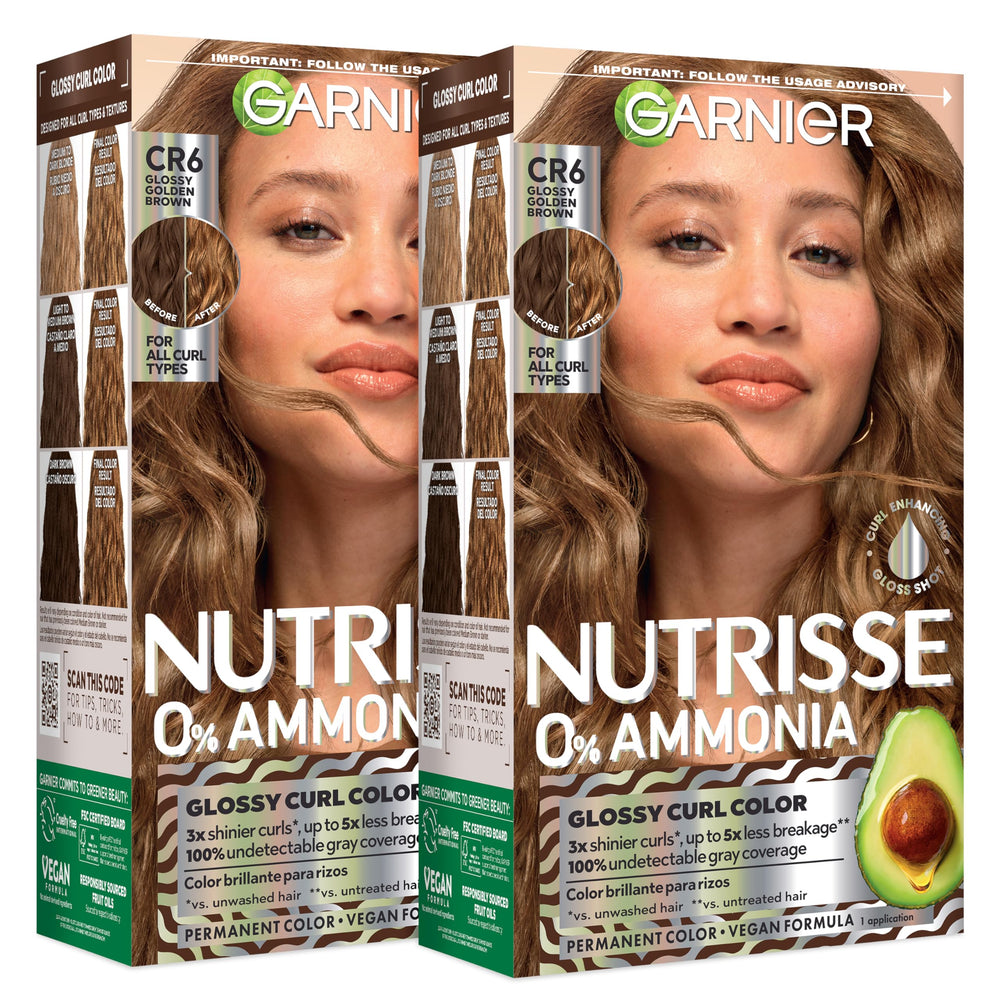 Garnier Nutrisse front packaging showing CR6 glossy golden brown shade and benefits