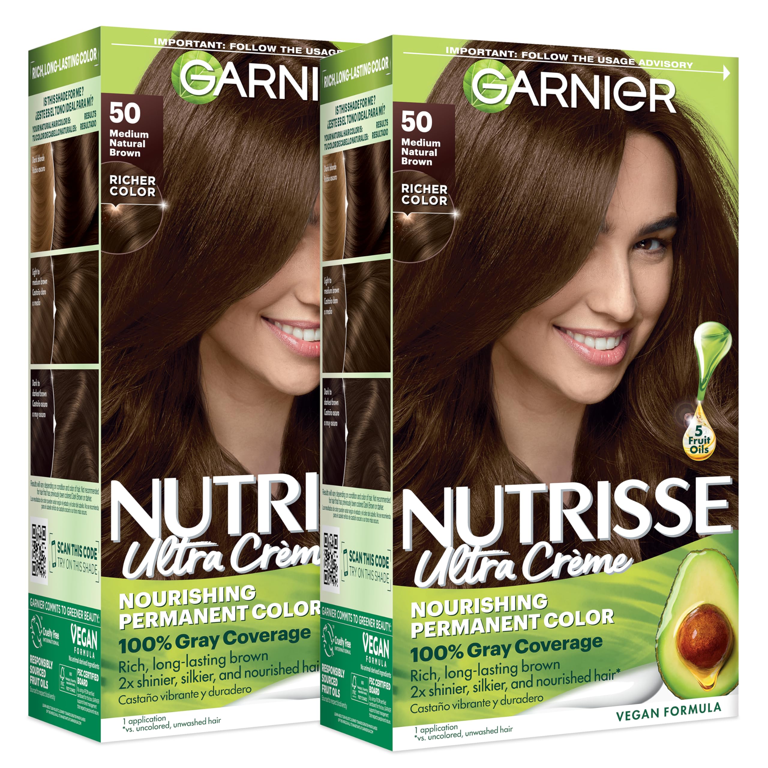 Garnier Nutrisse front packaging showing medium natural brown shade and benefits